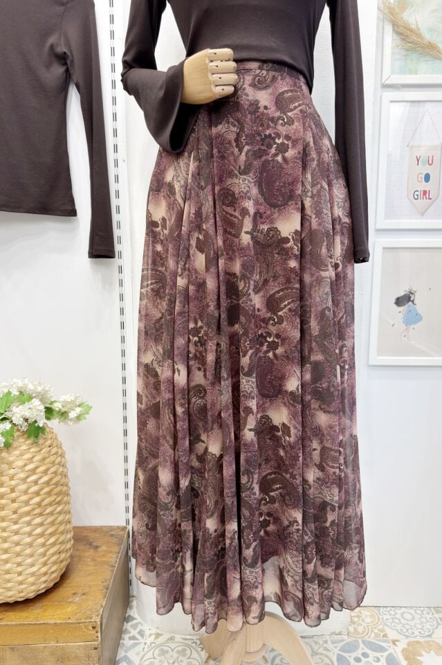 Bordo Desenli Veronica Şifon Etek