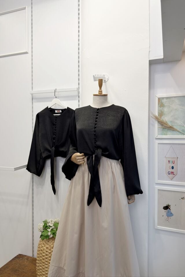 Siyah Lumira Saten Gömlek