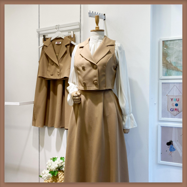Crep Kumaş Camel Bianco Yelekli Takım