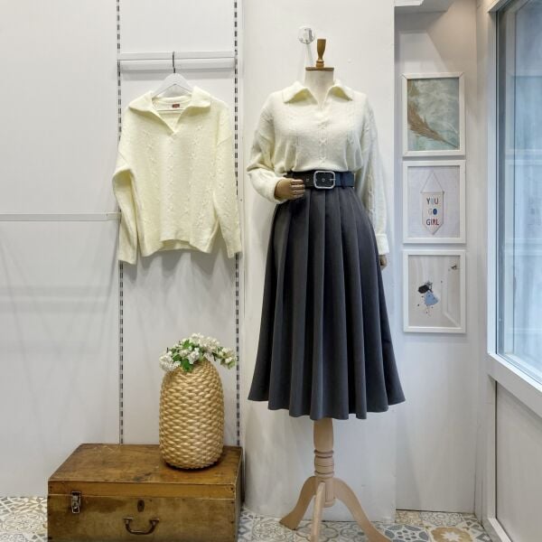 Deri Kemerli Gri Lumiere Pileli Etek