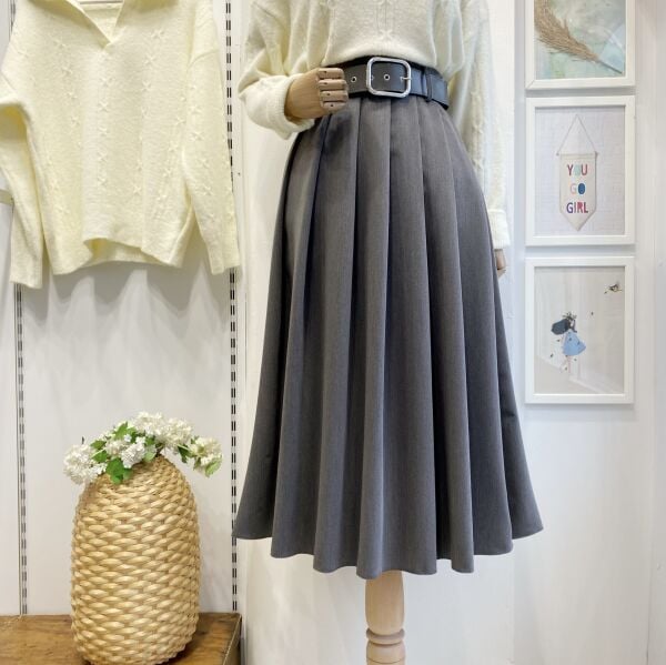 Deri Kemerli Gri Lumiere Pileli Etek