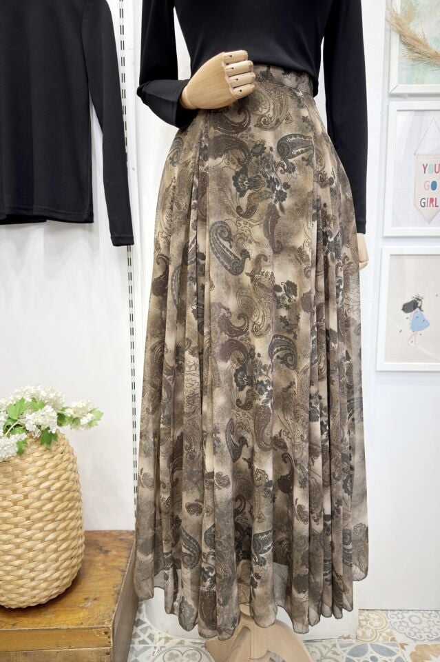 Yeşil Desenli Veronica Şifon Etek