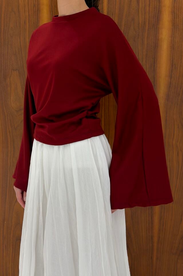 Bordo Bel Detaylı Geniş Kol Bluz