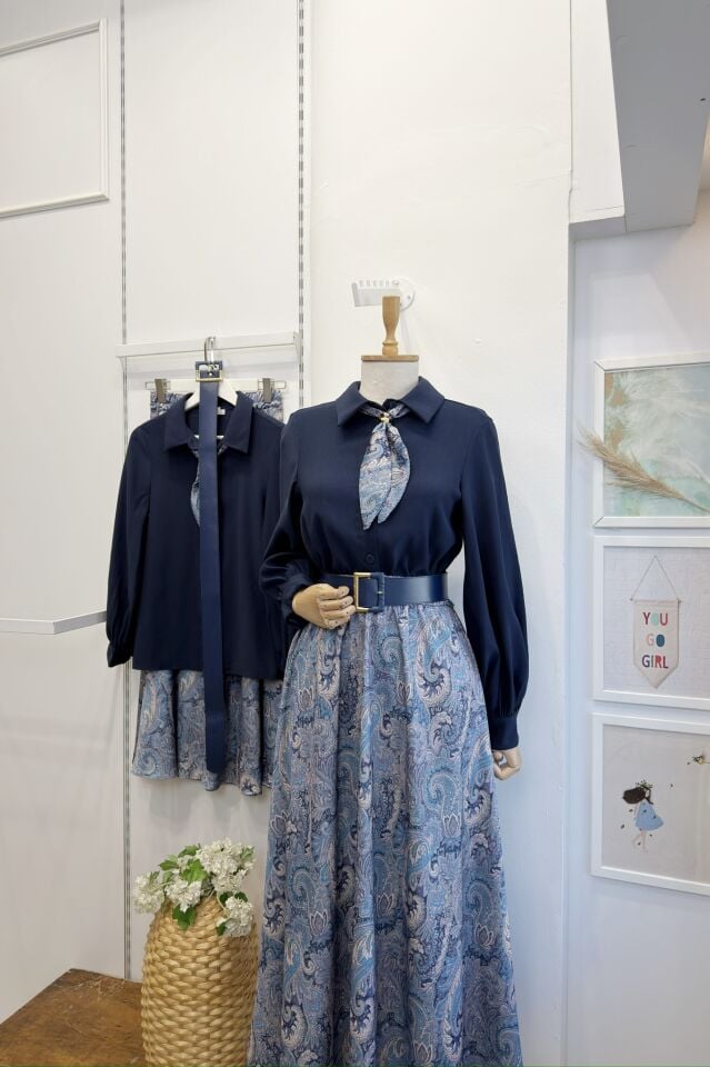 Lacivert Saten Desenli Etekli Clemence Takım