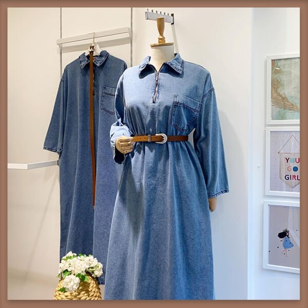 Açık renk kemerli oversize kot elbise