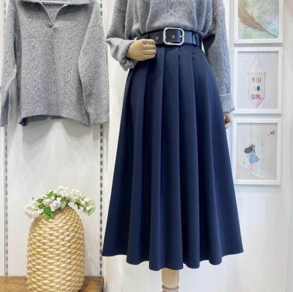 Deri Kemerli Lacivert Lumiere Pileli Etek