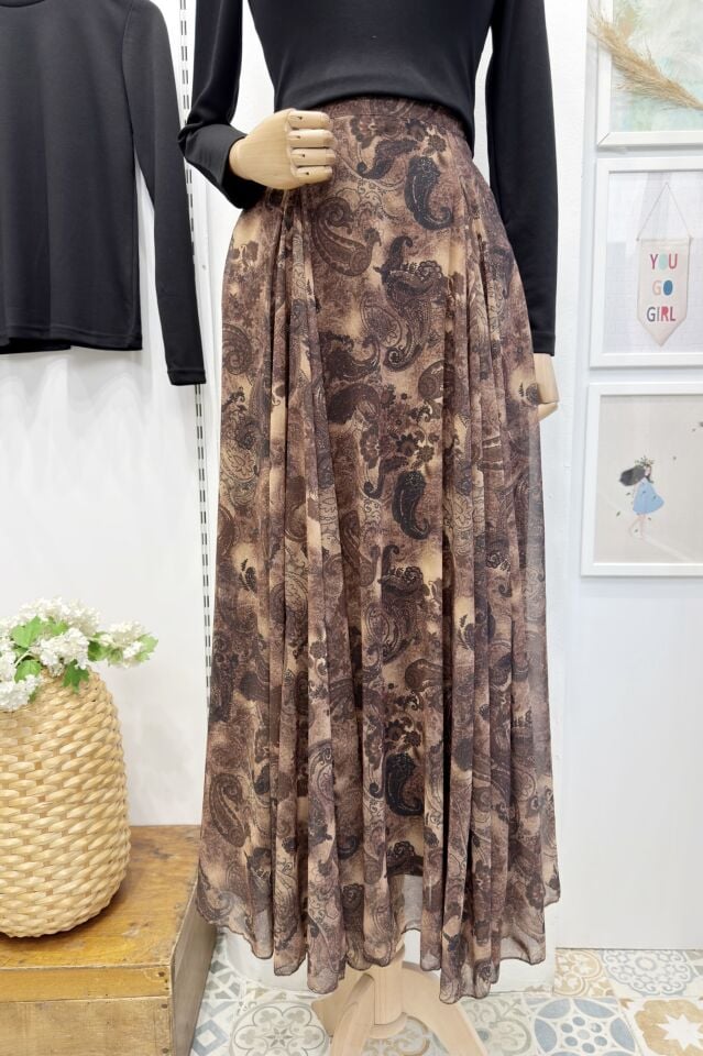 Kahverengi Desenli Veronica Şifon Etek