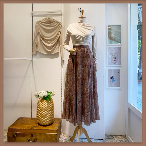 Şal Desenli Kahverengi Şifon Etek