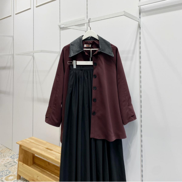 Bordo Deri Yakalı Kuşaklı Ceket