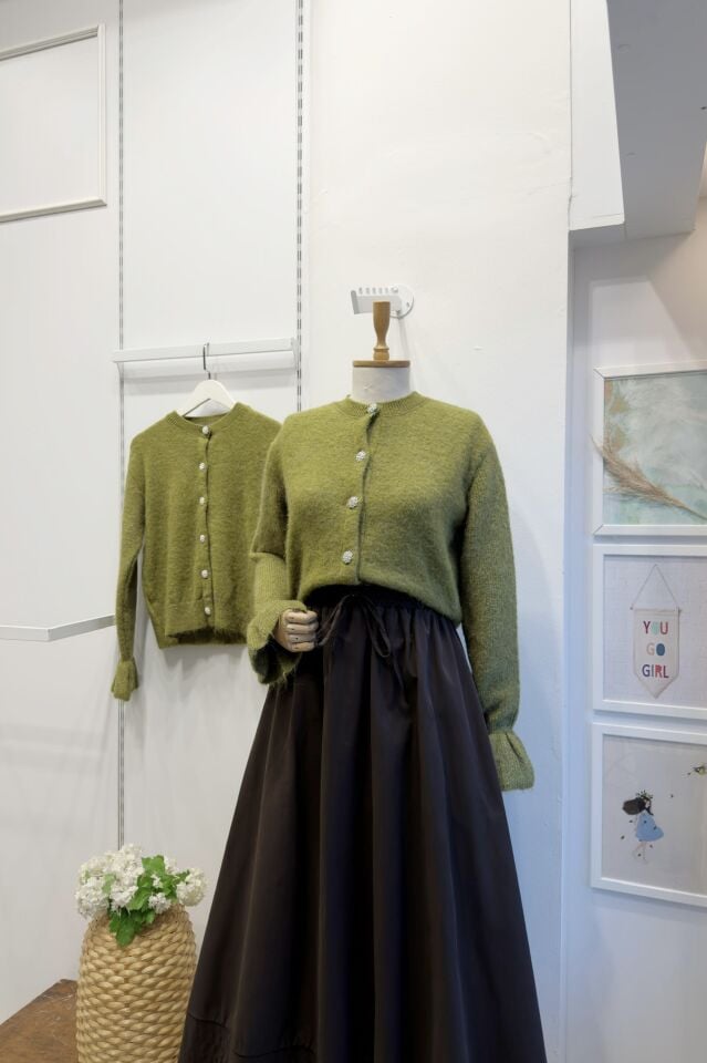 Taş Düğmeli Yağ Yeşili Diamond Hırka