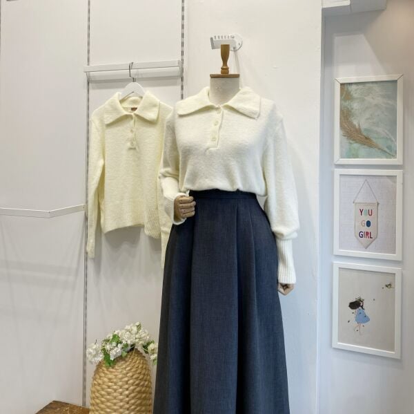 Düğme Detaylı Ekru Polo Yaka Kazak