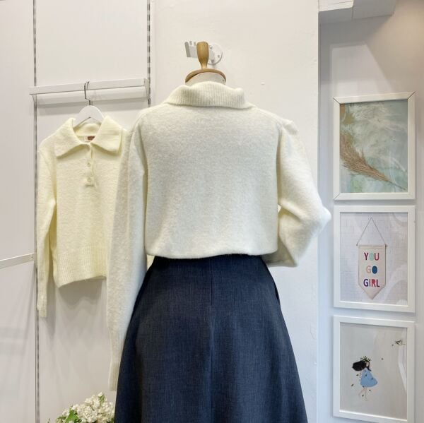 Düğme Detaylı Ekru Polo Yaka Kazak