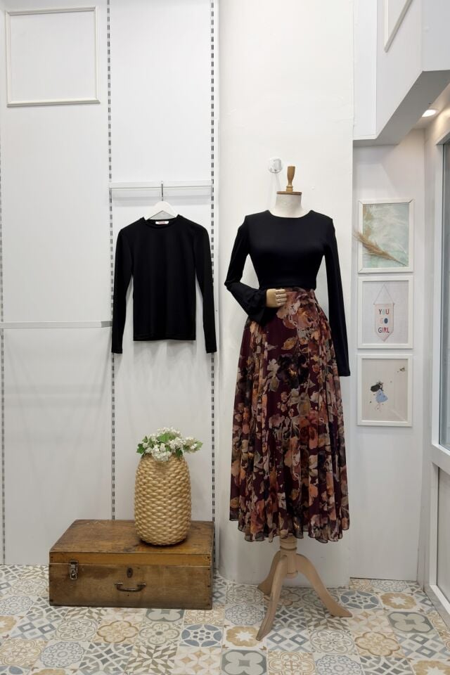 Bordo Çiçek Desenli Betty Şifon Etek