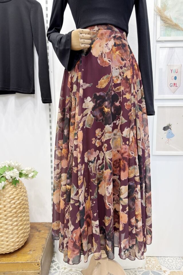 Bordo Çiçek Desenli Betty Şifon Etek