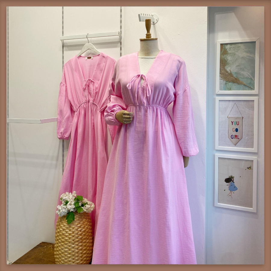 Şeker Pembe Müslin Kumaş Matin Elbise