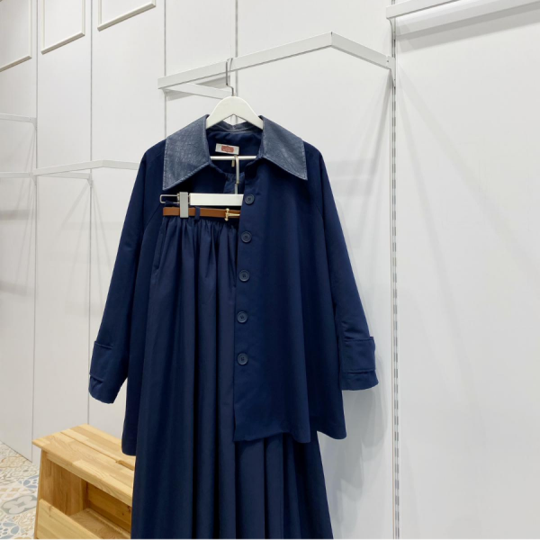 Lacivert Deri Yakalı Kuşaklı Ceket