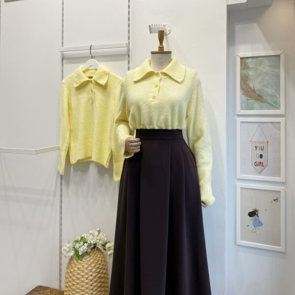 Düğme Detaylı Sarı Polo Yaka Kazak