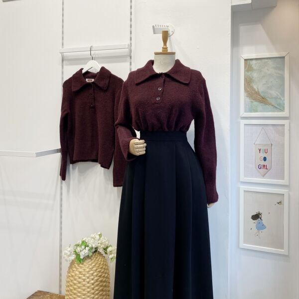 Düğme Detaylı Bordo Polo Yaka Kazak