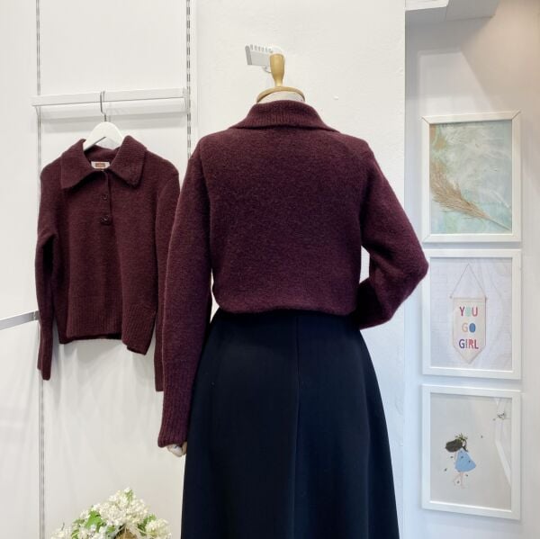 Düğme Detaylı Bordo Polo Yaka Kazak
