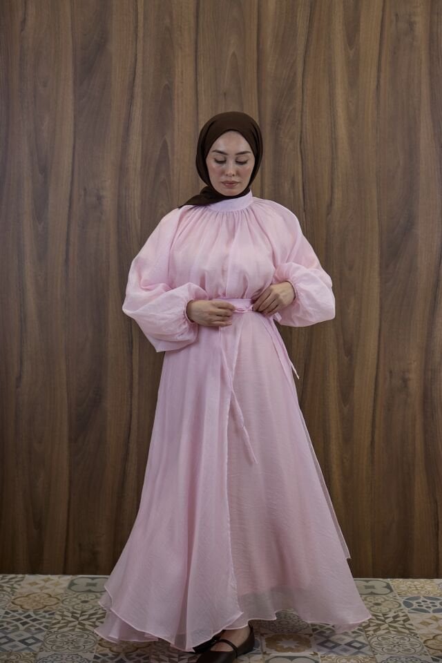 Dalgalı Şifon Kumaş Pembe Balon Kol Takım