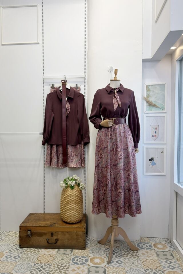 Mürdüm Saten Desenli Etekli Clemence Takım