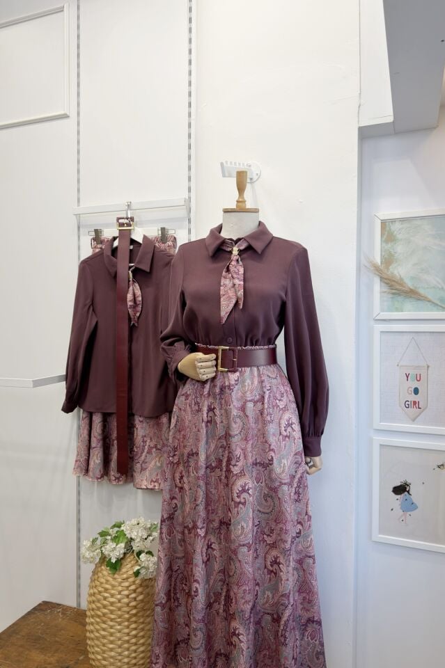 Mürdüm Saten Desenli Etekli Clemence Takım