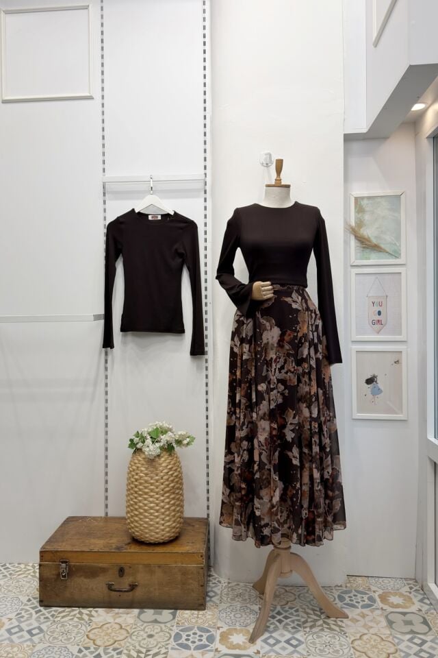 Kahverengi Çiçek Desenli Betty Şifon Etek