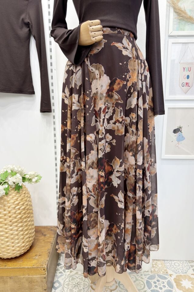 Kahverengi Çiçek Desenli Betty Şifon Etek