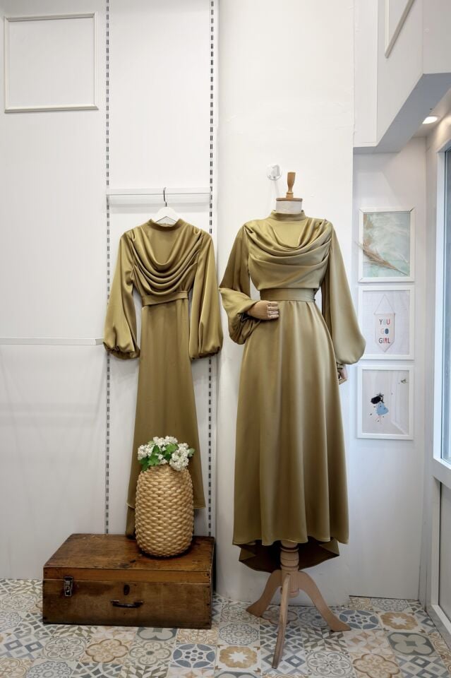 Yağ Yeşili Drapeli Amaris Abiye