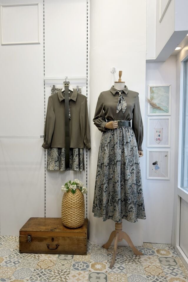 Çağla Yeşili Saten Desenli Etekli Clemence Takım