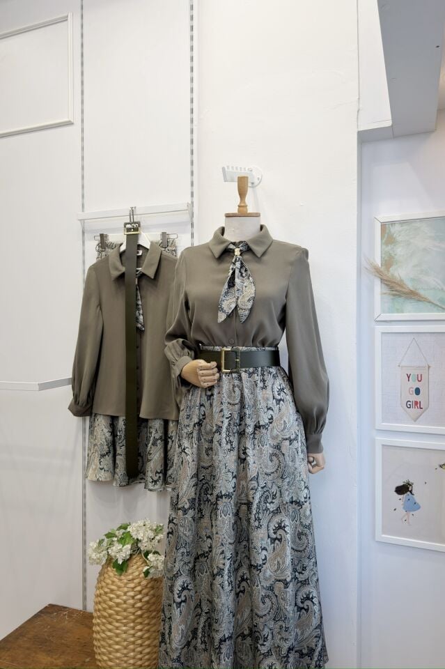 Çağla Yeşili Saten Desenli Etekli Clemence Takım