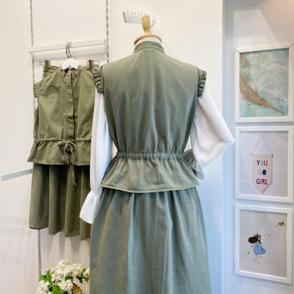 Çağla Yeşili Canopy Yelekli Gabardin Takım