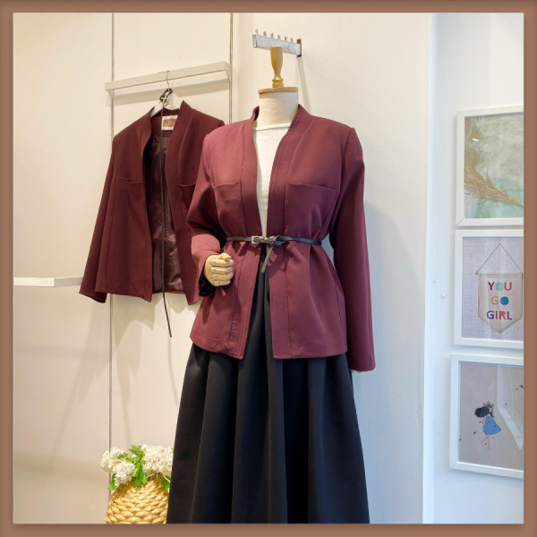 Bordo Crep Kumaş Kemer Detaylı Ceket