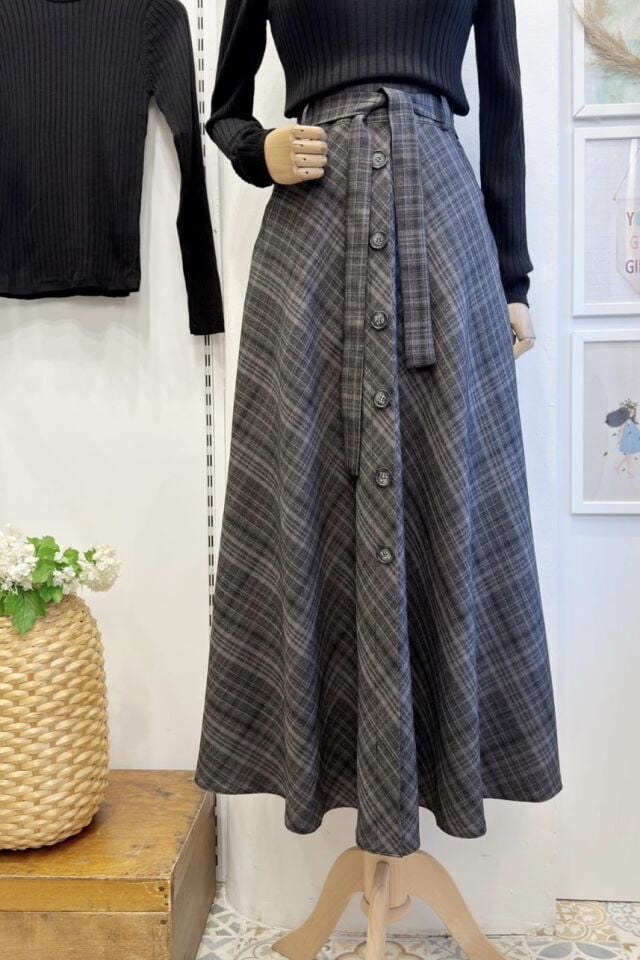 Antrasit Kuşaklı Ekose Desenli Elise Etek