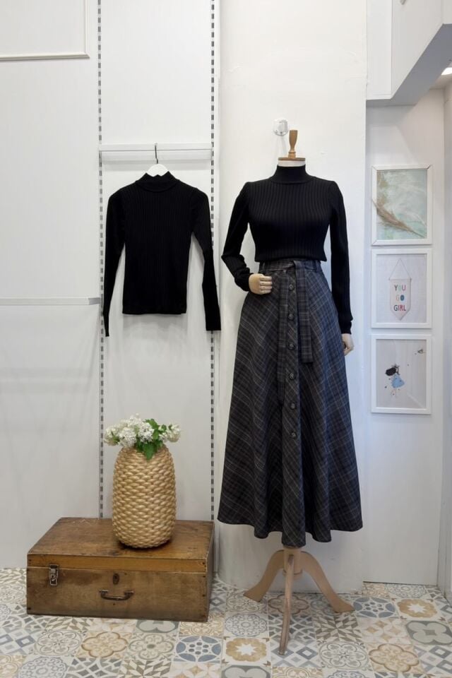 Antrasit Kuşaklı Ekose Desenli Elise Etek