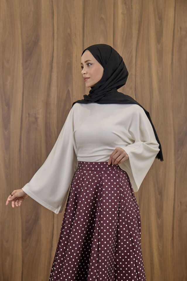 Beyaz Bel Detaylı Geniş Kol Bluz