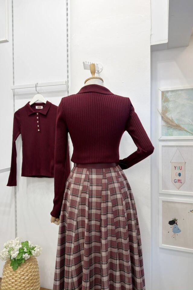 Bordo Düğme Detaylı Isabelle Triko Bluz