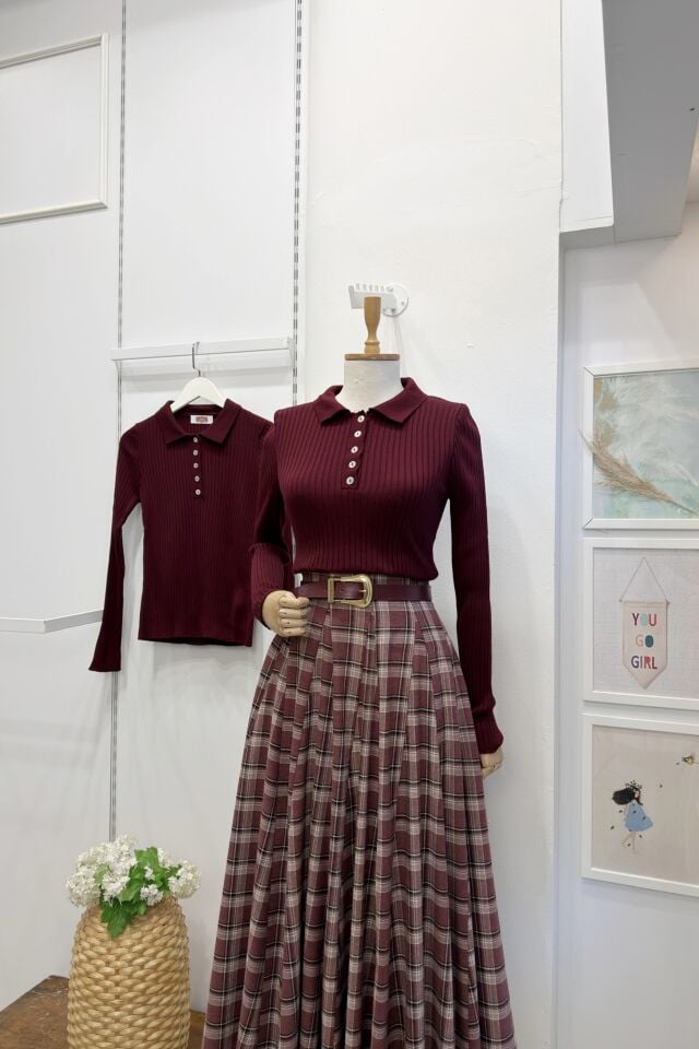 Bordo Düğme Detaylı Isabelle Triko Bluz