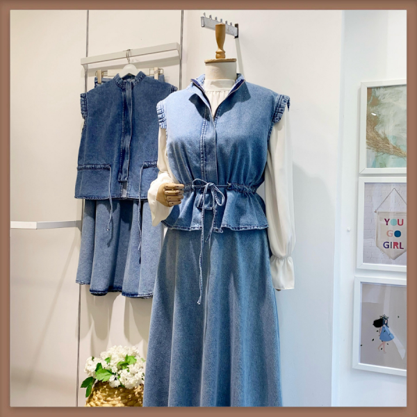 Beli İp Detaylı Buz Mavisi Denim Kot Takım