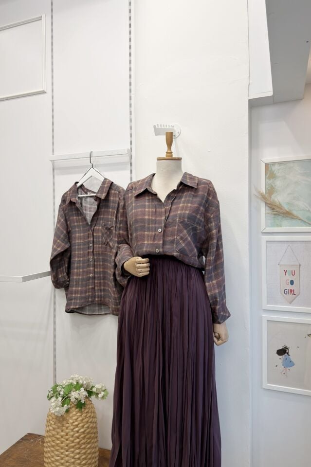 Mürdüm Ekose Desenli Oversize Gömlek