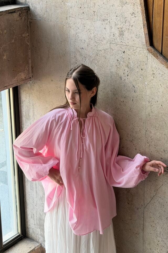 Balon Kol Pembe Thalia Keten Bluz