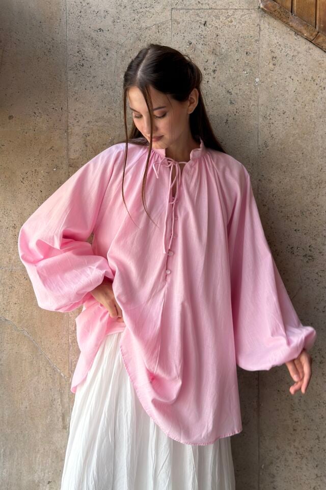 Balon Kol Pembe Thalia Keten Bluz