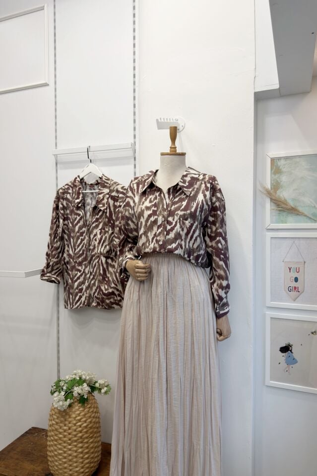 Mürdüm Fırça Desenli Oversize Gömlek