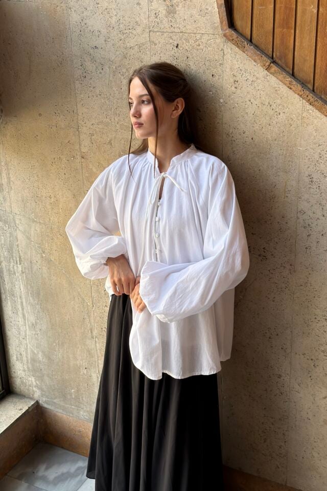 Balon Kol Beyaz Thalia Keten Bluz