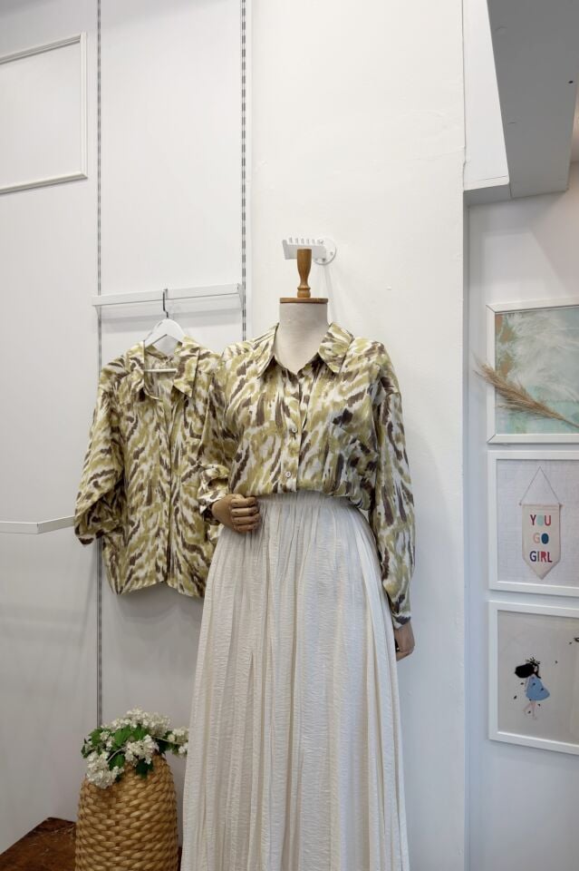 Yeşil Fırça Desenli Oversize Gömlek