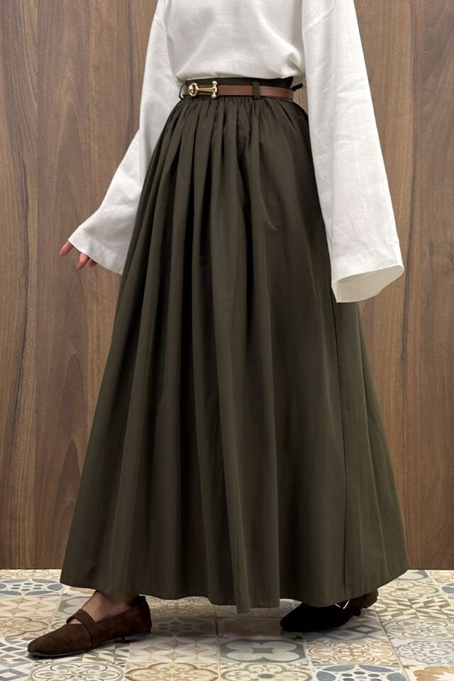 Haki Yeşili Kemerli Sık Pileli Etek