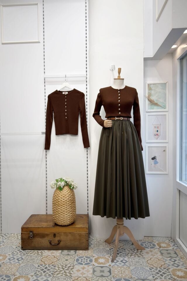 Haki Yeşili Kemerli Sık Pileli Etek