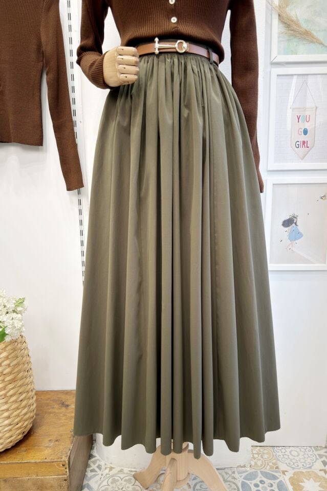 Haki Yeşili Kemerli Sık Pileli Etek