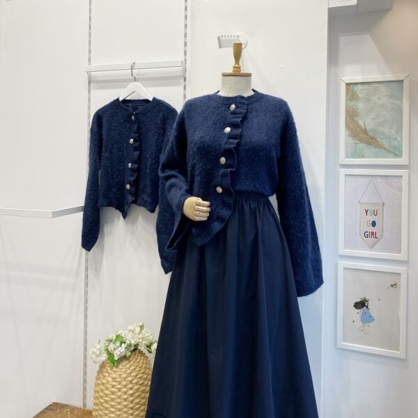 Lacivert Silver Düğmeli Asimetrik Hırka