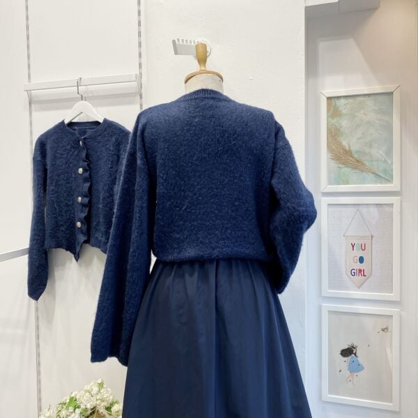 Lacivert Silver Düğmeli Asimetrik Hırka